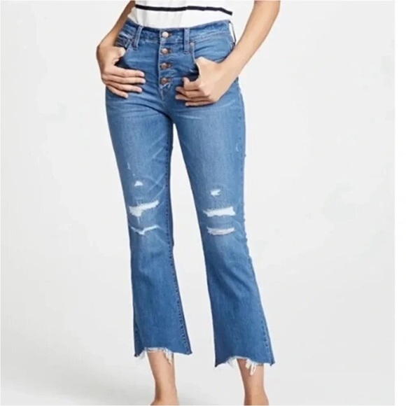 Madewell Cali Demi Boot Blue Denim Distressed Stretch Button Fly Jeans Size 23 - Picture 9 of 9